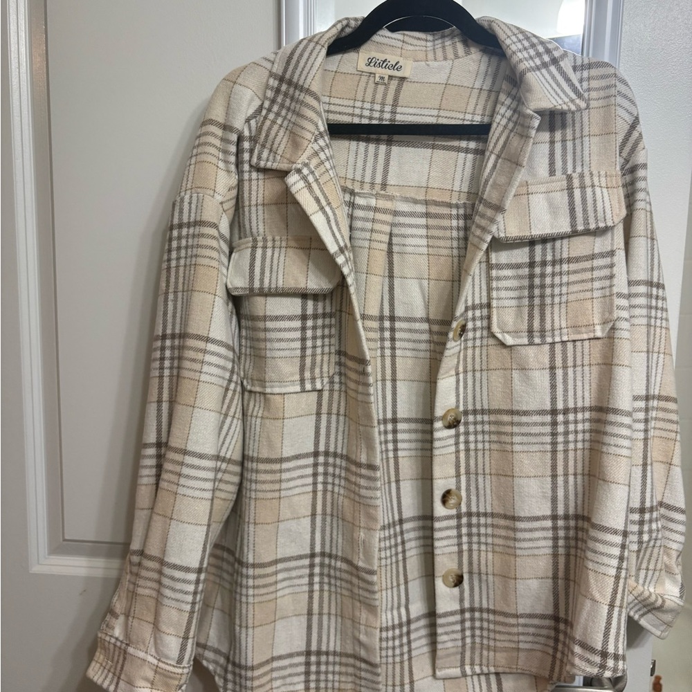 Listicle Cream and Tan Plaid Button-Up Shacket